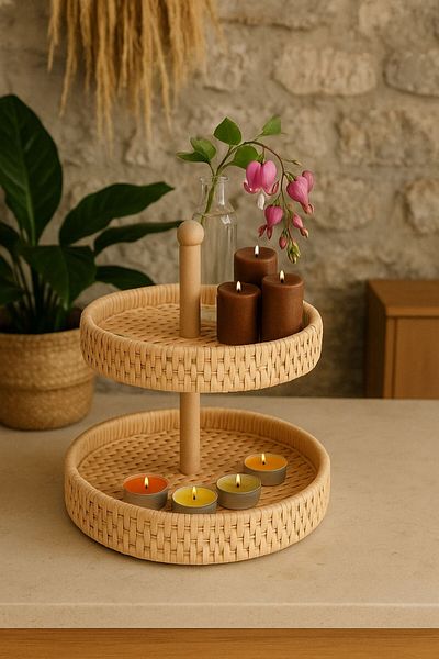 ERKUGO 2 Tier 100% Handmade Round Presentation Table, Handmade Natural Rattan Presentation Table Bh24375-2