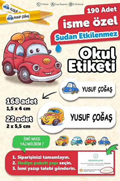 MSticker Okul Etiketi Kalem Defter isimli Etiket Isim Yazılabilen Arabalar - ...