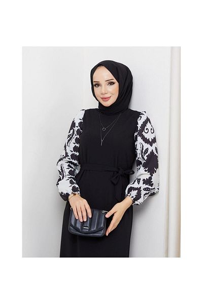 VELLICHOR Round Patterned Chiffon Sleeve Tuğba Model Dress - Black