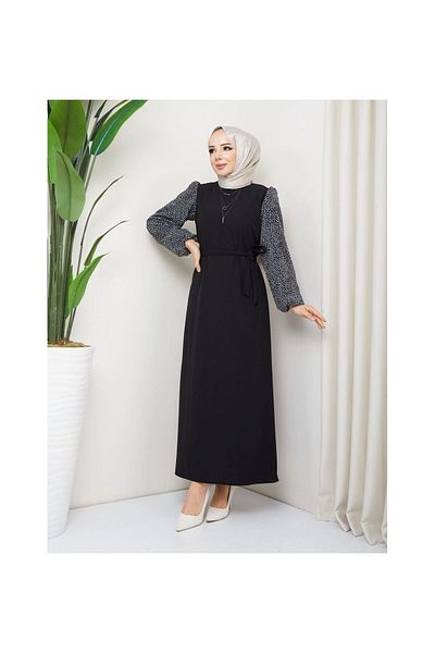 VELLICHOR Round Patterned Chiffon Sleeve Tuğba Model Dress - Black Black