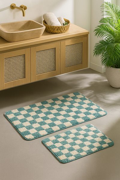 EUROBANO Checkerboard Patterned Premium Set of 2 Washable Non-Slip Base 60X100 60X50 Bath Mat