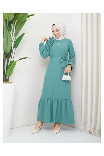 VELLICHOR Φόρεμα Crepe Fabric Shoulder Ruffle Πράσινο