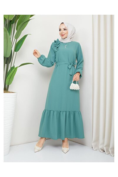 VELLICHOR Φόρεμα Crepe Fabric Shoulder Ruffle Πράσινο