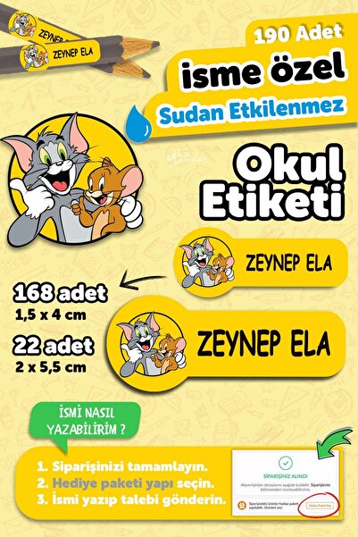 MSticker Okul Etiketi Kalem Defter isimli Etiket Isim Yazılabilen Tom and Jer...