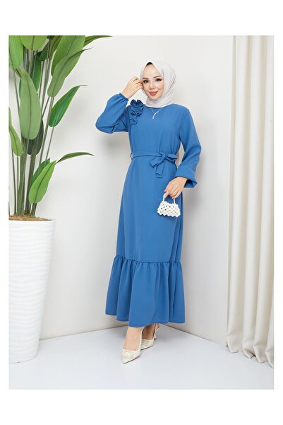 VELLICHOR Φόρεμα Crepe Fabric Shoulder Ruffle Μπλε