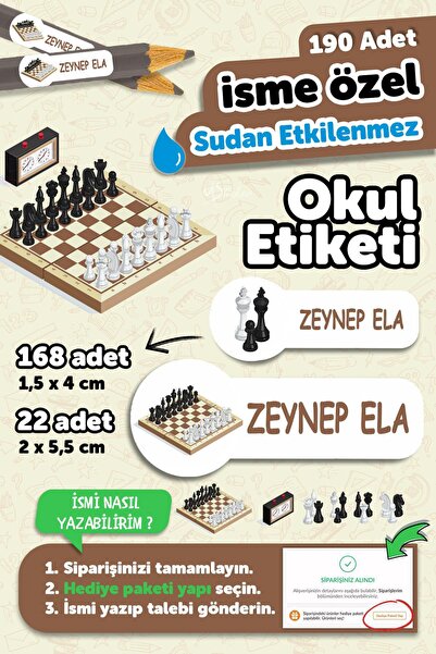 MSticker Okul Etiketi Kalem Defter isimli Etiket Isim Yazılabilen Satranç - 1...