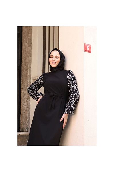 VELLICHOR Round Patterned Chiffon Sleeve Tuğba Model Dress - Black