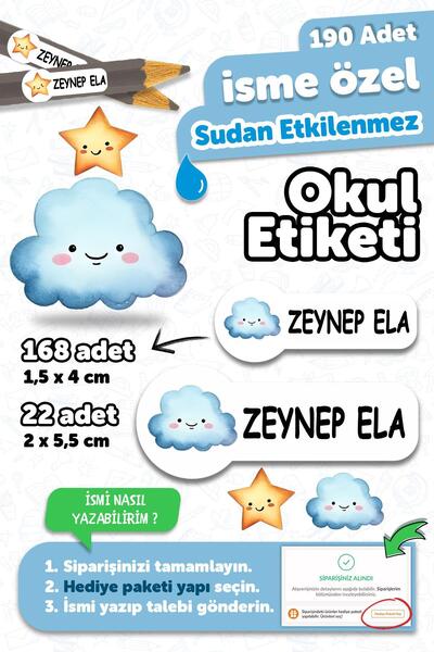 MSticker Okul Etiketi Kalem Defter isimli Etiket Isim Yazılabilen Gülen Bulut...