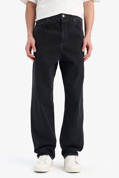 DeFacto 100% Cotton Baggy Fit Wide Fit Regular Waist Wide Leg Black Jean Trousers E9240Ax25Sp