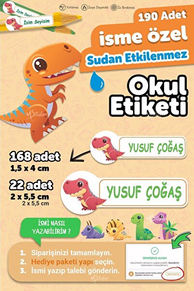 MSticker Okul Etiketi Kalem Defter Etiketi Dinazor Özel Isim Yazılabilen Etik...