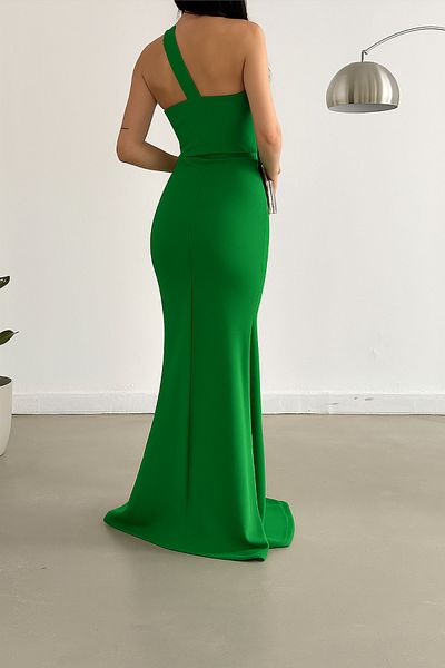 Deafox Tesatura Scuba verde cu guler incrucisat cu bretele rochie de peste rochie de seara