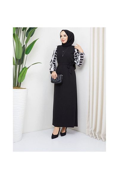 VELLICHOR Round Patterned Chiffon Sleeve Tuğba Model Dress - Black