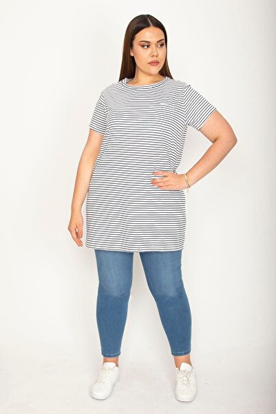 Şans Women's Large Size White Cotton Fabric Peto Pocket Striped Tunic 65n26365