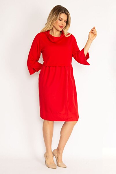 Şans Women's Large Size Red Stand-Up Collar Skirt Part Collar And Cuffs Spun Fabric Dress 65n35038