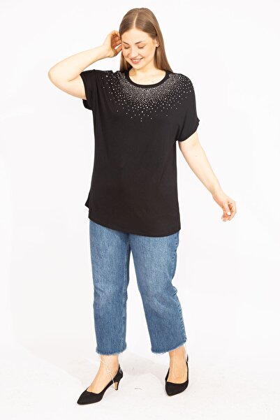 Şans Γυναικεία μαύρη μεγάλη πέτρα μπλούζα με λεπτομερή χαμηλά μανίκια 65n35636