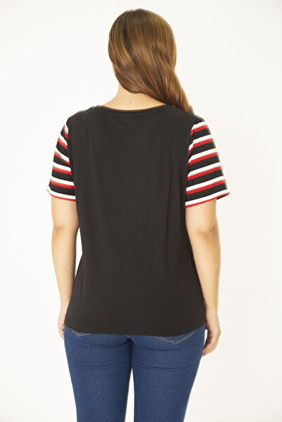 Şans Women's Large Size Black Crew Neck Stripe Combination Blouse 65N36935