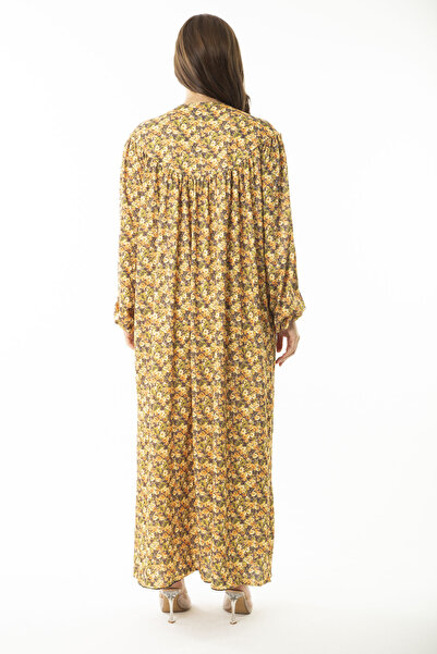 Şans Női nagy méretű sáfrány elöl gombos mellkasi összegyűjtött hosszú ruha 65N36906