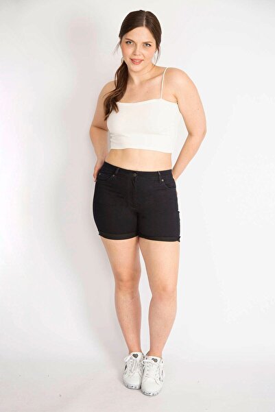 Şans Women's Black Large Size Double Leg Lycra Skinny Denim Shorts 65n36391