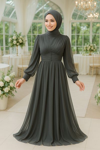 Neva Style Βραδινό φόρεμα με κουμπιά καπνιστό χιτζάμπ 5478fu