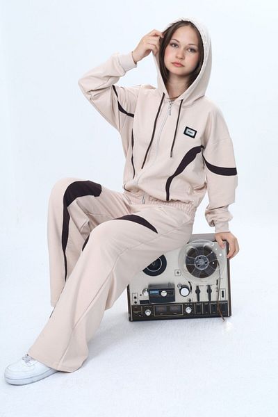 Asortix Girl's 100% Cotton Garnished Hooded Zippered Oversize Bottom & Top Trend Tracksuit Set-315