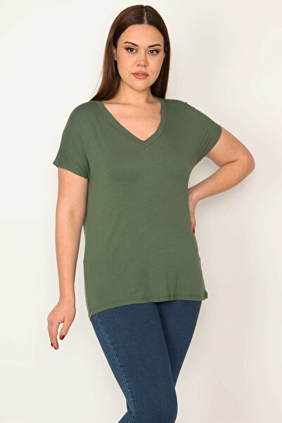 Şans Női nagy méretű khaki V-nyakú, rövid ujjú alapblúz 65n32188