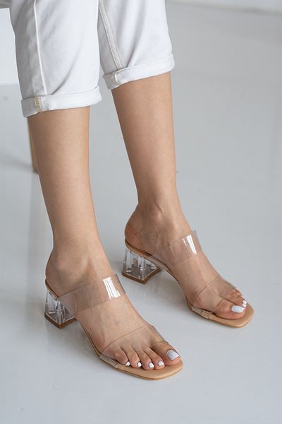 Nstil Papuci de zi cu zi pentru femei, cu bretele duble, talpă bej, cu toc gros, transparent, pantofi de seară 105