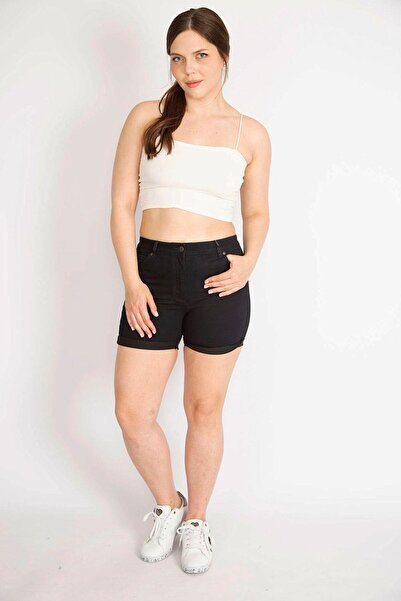 Şans Women's Black Large Size Double Leg Lycra Skinny Denim Shorts 65n36391