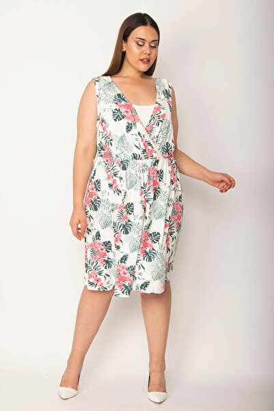 Şans Women's Large Size Bone Inner Collar Plain Fabric Detailed Wrap Collar Floral Patterned Dress 65n26950