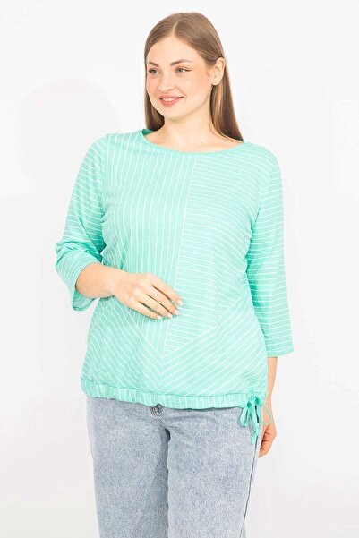 Şans Γυναικεία Πράσινη Plus Size Βαμβακερή Μπλούζα Συνδυασμένη Ρίγα 65n35571