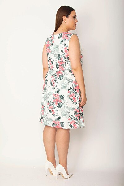 Şans Women's Large Size Bone Inner Collar Plain Fabric Detailed Wrap Collar Floral Patterned Dress 65n26950