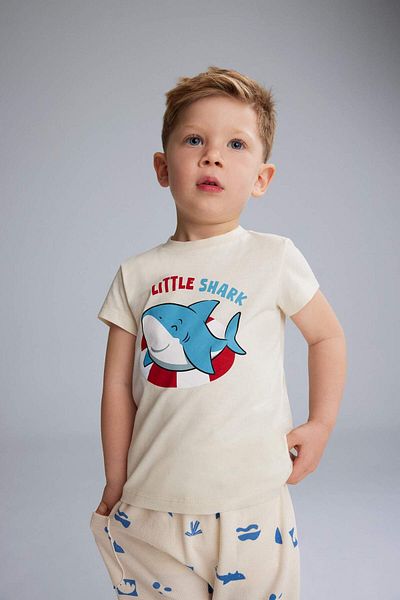 DeFacto Baby Boy 2-Piece Set Printed Short Sleeve Waffle T-Shirt Elastic Waist Bottom E7933A525Sm
