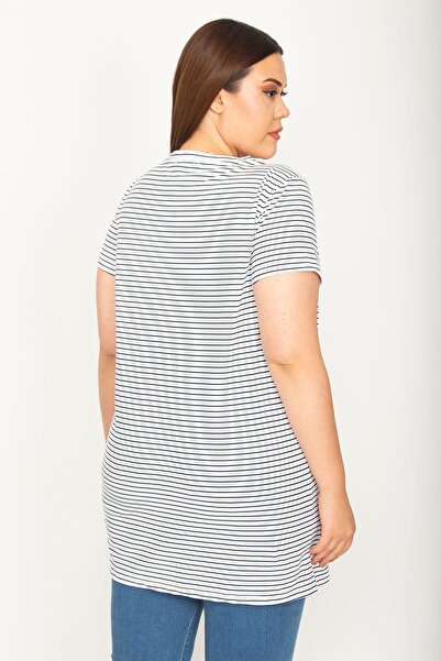 Şans Women's Large Size White Cotton Fabric Peto Pocket Striped Tunic 65n26365