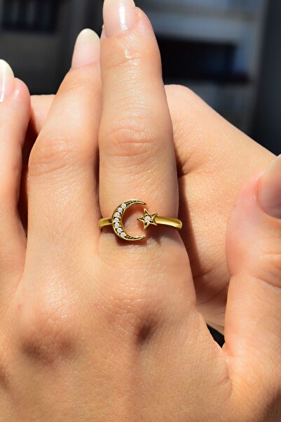 jelux silver Gümüş 925 Ayar Zirkon Taşlı Ayarlanabilir Ay Yıldız Model Gold Yüzük