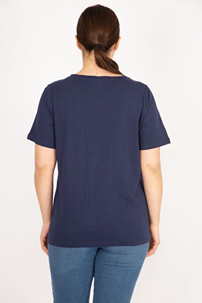 Şans Women's Navy Blue Large Size Cotton Fabric Collar Lace Blouse 65n36079