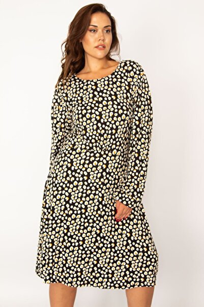 Şans Women's Large Size Colorful Waist Detailed Long Sleeve Dress 65n34050