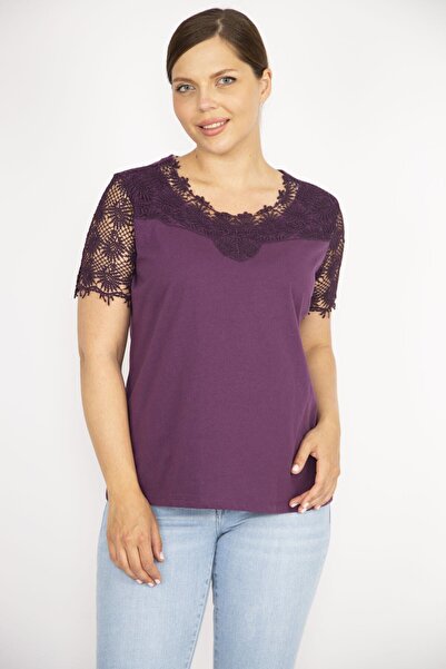 Şans Women's Plum Plus Size Cotton Fabric Lace Detailed Blouse 65n35924