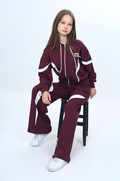 Asortix Set de trening pentru fete, 100% bumbac, cu glugă, cu fermoar, oversize, partea de jos și de sus, la modă-315