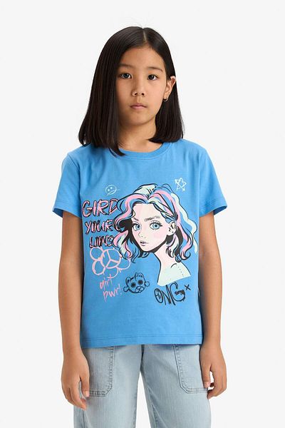 DeFacto Girl's Crew Neck Anime Printed Short Sleeve T-Shirt E0350A825Sm