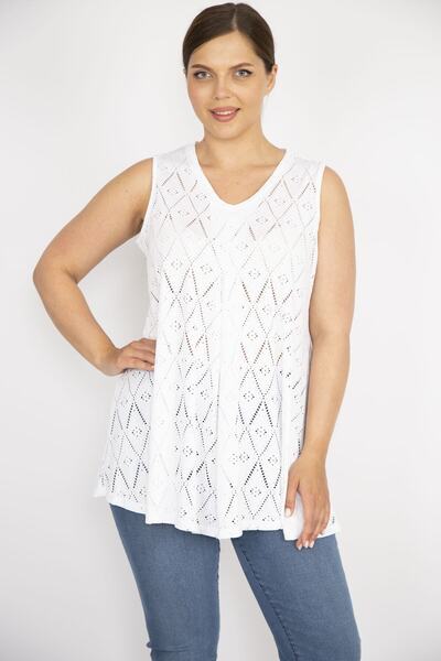 Şans Γυναικεία Λευκή Μεγάλο Μέγεθος Διάτρητο Ύφασμα Μπροστά Μια Πλισέ Μπλούζα 65n36615