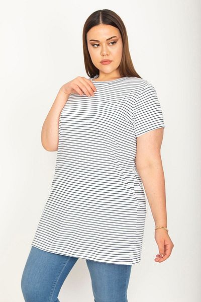 Şans Women's Large Size White Cotton Fabric Peto Pocket Striped Tunic 65n26365