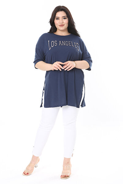 Şans Navy Blue Glitter Detail - Crew Neck Side Slit Short Sleeve Plus Size Blouse