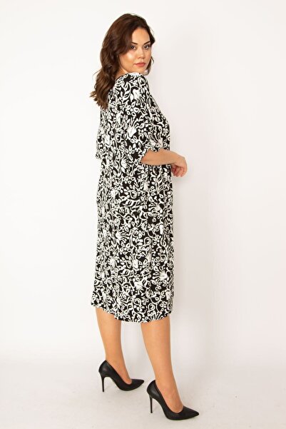 Şans Γυναικείο μεγάλο μέγεθος μαύρο με λαιμόκοψη σε μέση και μανίκι ελαστικό ελαστικό φόρεμα τσέπες casual cut 65n33461