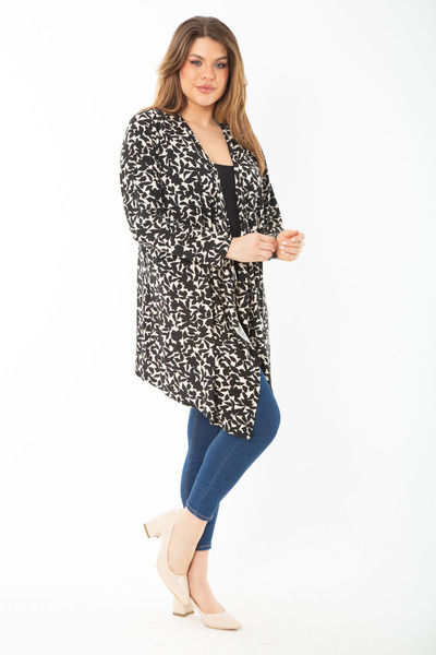 Şans Women's Large Size Black Long Sleeve Patterned Viscose Cardigan 65N37429