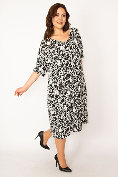 Şans Γυναικείο μεγάλο μέγεθος μαύρο με λαιμόκοψη σε μέση και μανίκι ελαστικό ελαστικό φόρεμα τσέπες casual cut 65n33461