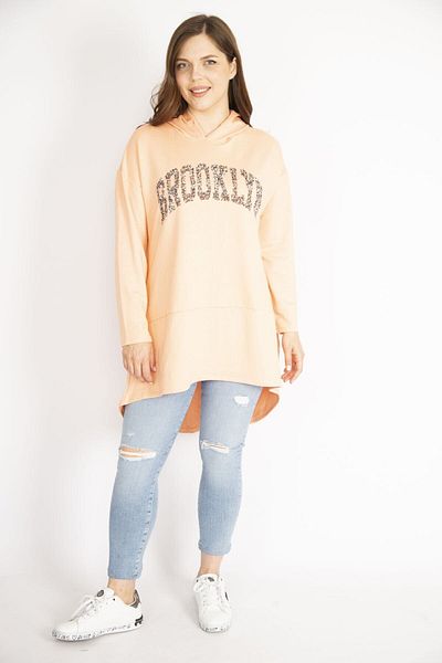 Şans Γυναικεία μπλούζα Salmon Plus Size Sequin Λεπτομερής κουκούλα μακριά πλάτη 65n36430