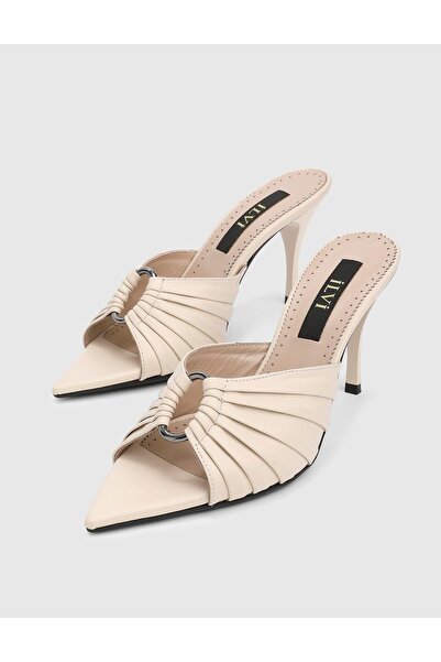 İLVİ Turlock Hakiki Deri Krem Kadın Topuklu Terlik