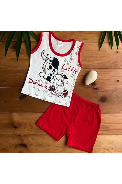 Balgüneş Tekstil Detective Dog ​​Printed Sleeveless Tshirt Shorts Set Red