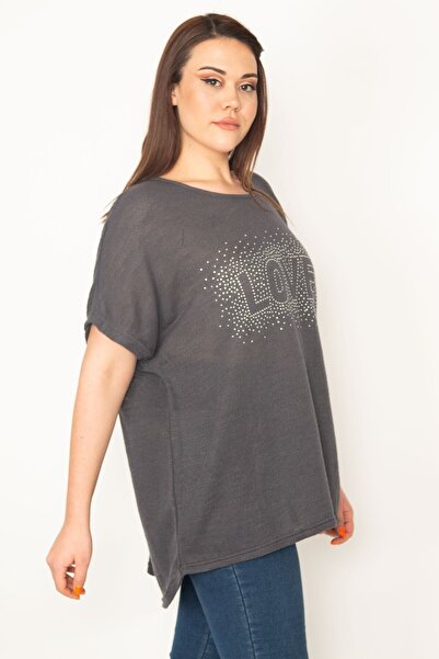 Şans Γυναικεία Μπλούζα με Χαμηλό Μανίκι Φαρδιά Μπλούζα 65n30103 με λεπτομέρεια καπνιστή πέτρα μεγάλου μεγέθους
