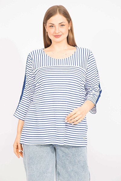 Şans Γυναικεία Saks Μεγάλο Μέγεθος Βαμβακερή Ύφασμα Συνδυασμένη Μπλούζα 65n35572