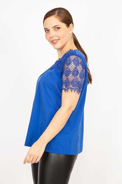 Şans Γυναικεία Saks Plus Size από βαμβακερό ύφασμα δαντέλα λεπτομερή μπλούζα 65n35922